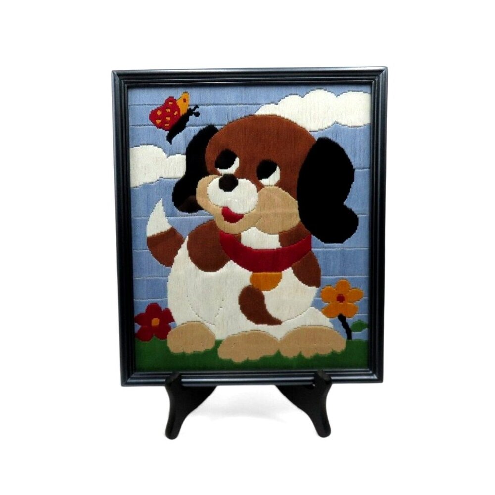 PUPPY Dog NEEDLEPOINT Framed in Black Wood Frame 10.7 x 9.5" Vintage